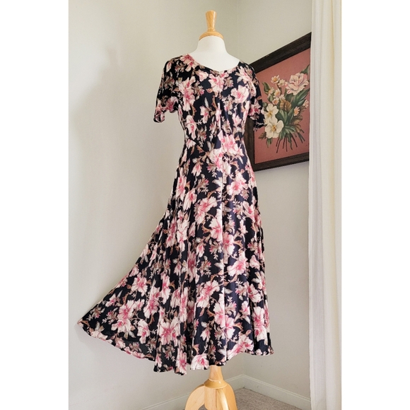 90s Black Floral Bias Cut 1990s Vintage Rayon Gauze V Neck Midi Dress - Picture 14 of 14